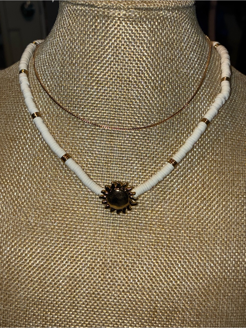 Gold Sun Pendant White Beaded Necklace - Unbranded